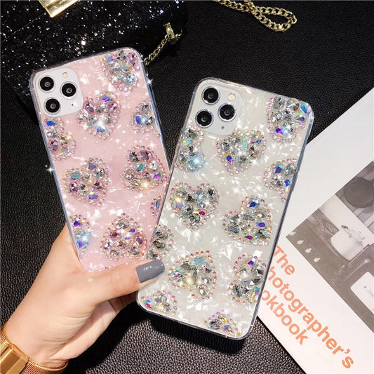 Luxury Marble Phone Case For iPhone 16 15 14 13 12 11 Pro Max 16 Plus XR Case Glitter Bling Diamond Rhinestone Love Heart Cover
