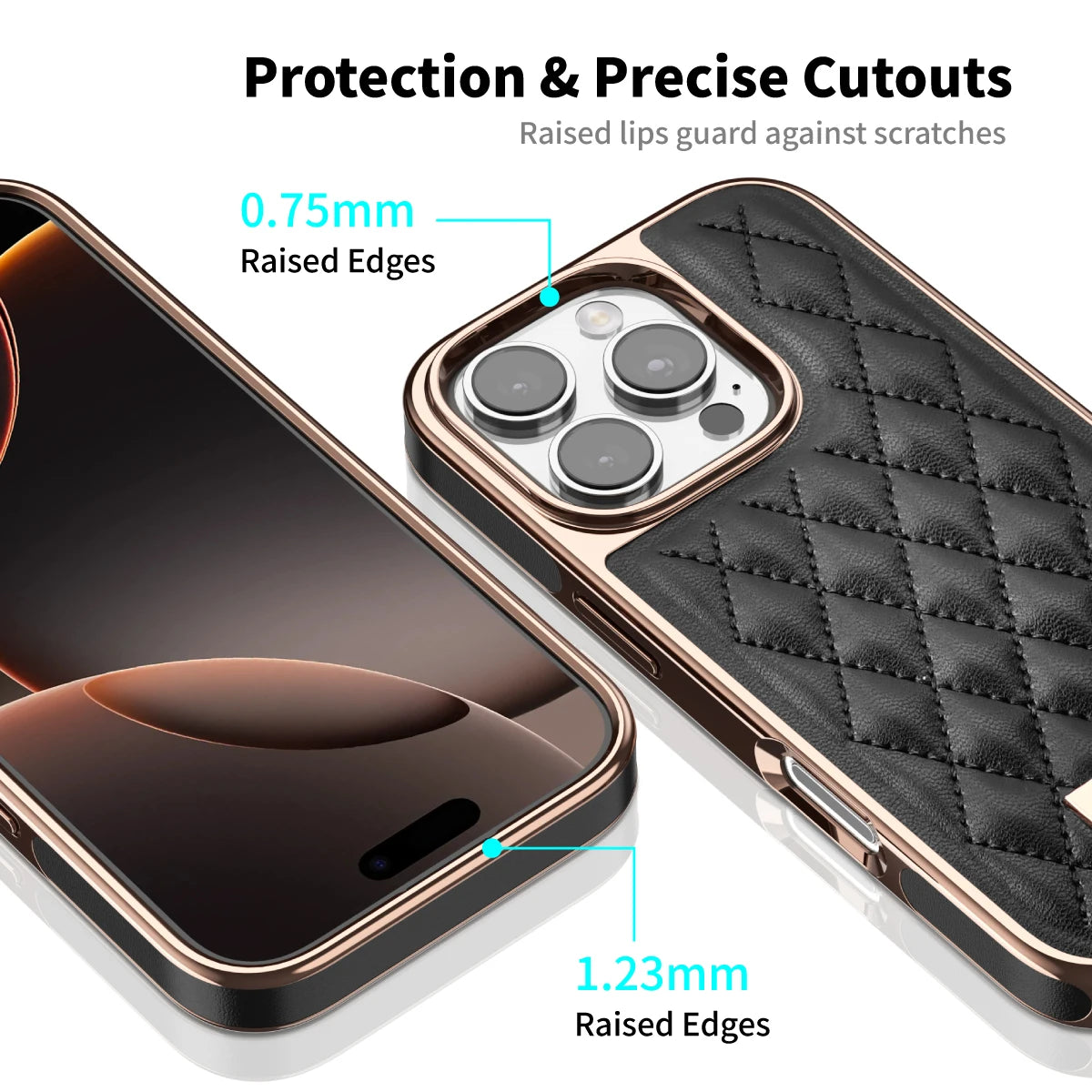 Women'S Faux Leather Phone Case with Argyle Embroidery - Elegant Metal Frame, Shock-Resistant Stylish Cover for Iphone 16 Pro Ma