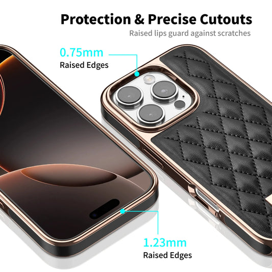 Women'S Faux Leather Phone Case with Argyle Embroidery - Elegant Metal Frame, Shock-Resistant Stylish Cover for Iphone 16 Pro Ma