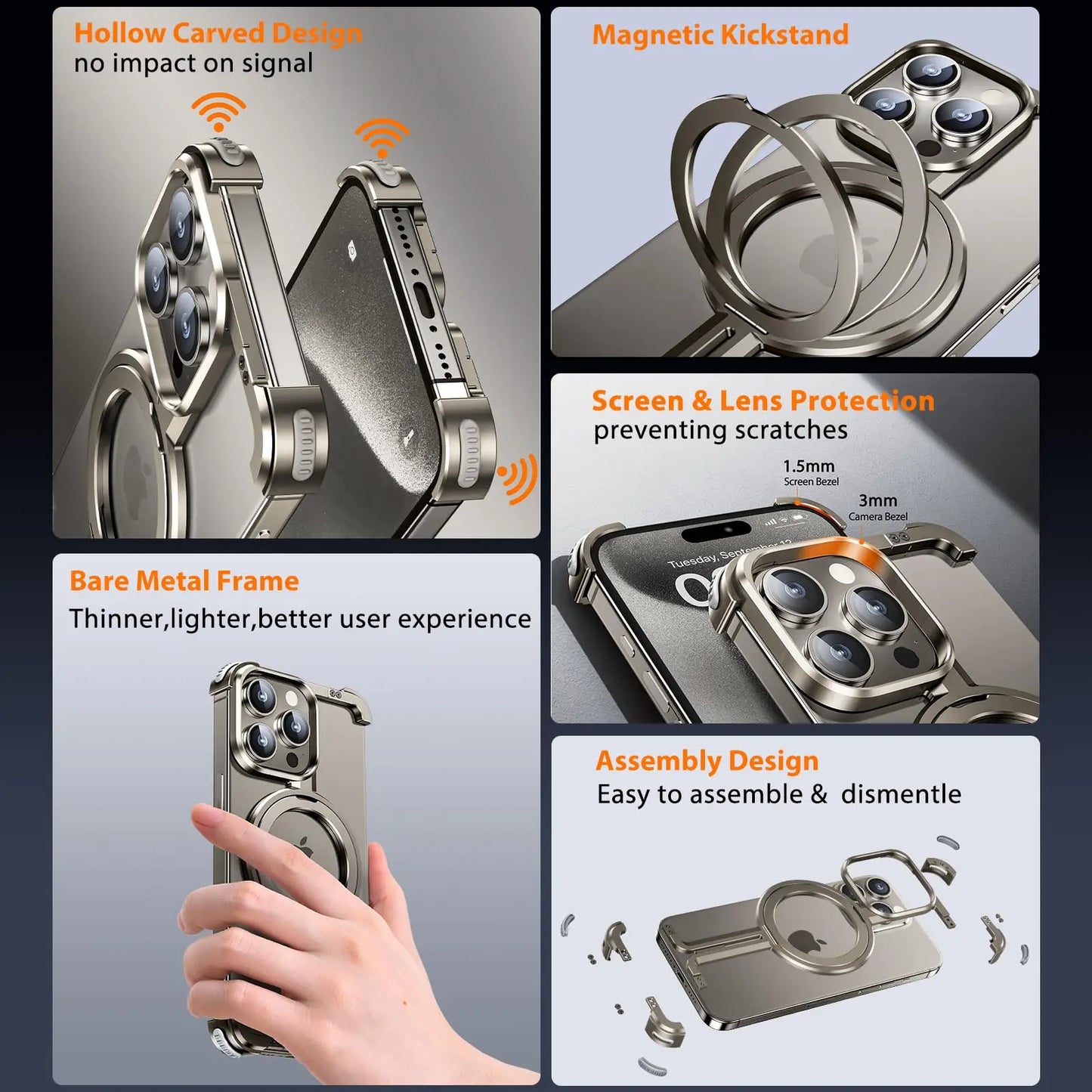 Luxury Magsafe Magnetic Metal Rimless Stand Phone Case For iPhone 16 15 14 13 Pro Max Plus Aluminum Alloy Shockproof Metal Cover
