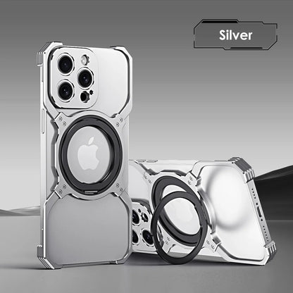 360° Stand Metal Rimless Magnetic Phone Case For iPhone 13 14 15 Pro Max Metal Bumper Lens Protection Metal Skeleton Phone Cover
