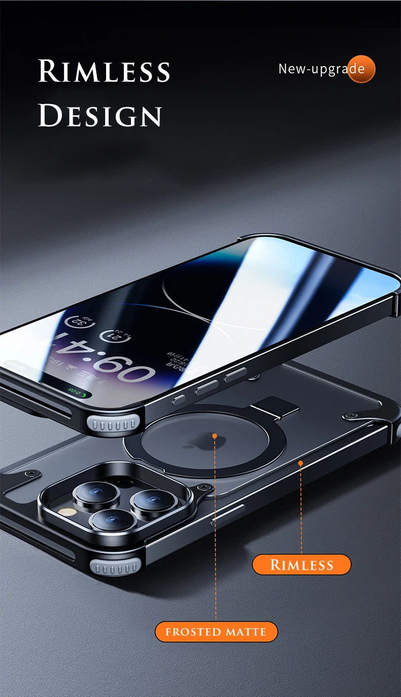 Aluminum Alloy Magnetic Stand Rimless Phone Case For iPhone 13 14 15 Pro Max 15Plus Metal Lens Shell  Frosted Matte Back Cover - Caseverse