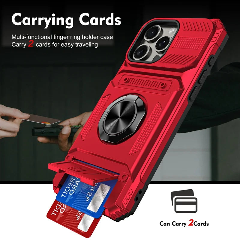 Military level armor card holder ring stand phone case for iPhone 16 15 14 13 Pro Max car phone magnetic shockproof hard cover - Caseverse