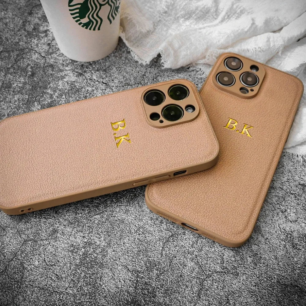 Customized Phone Case For iPhone 16 15 14 13 12 11 Pro Max Plus Personalized Name Initials Letters Luxury Leather DIY Cover 16 - Caseverse