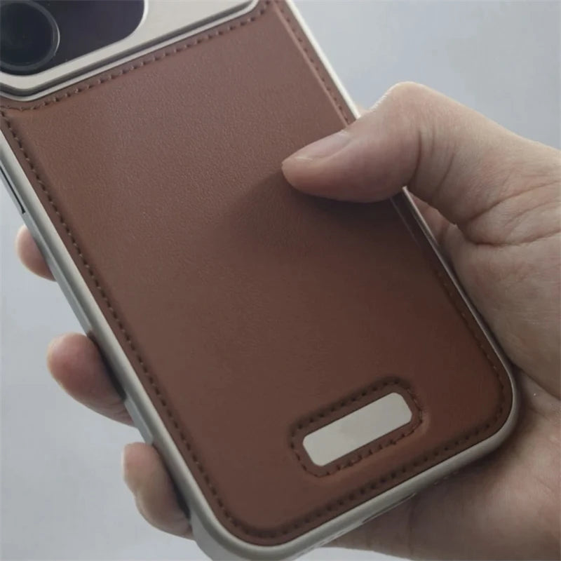 Aluminum Alloy Leather Magnetic Phone Case For iPhone 16 16pro 15 14 Pro Max Wireless Charging Metal Frameless Shockproof Cover