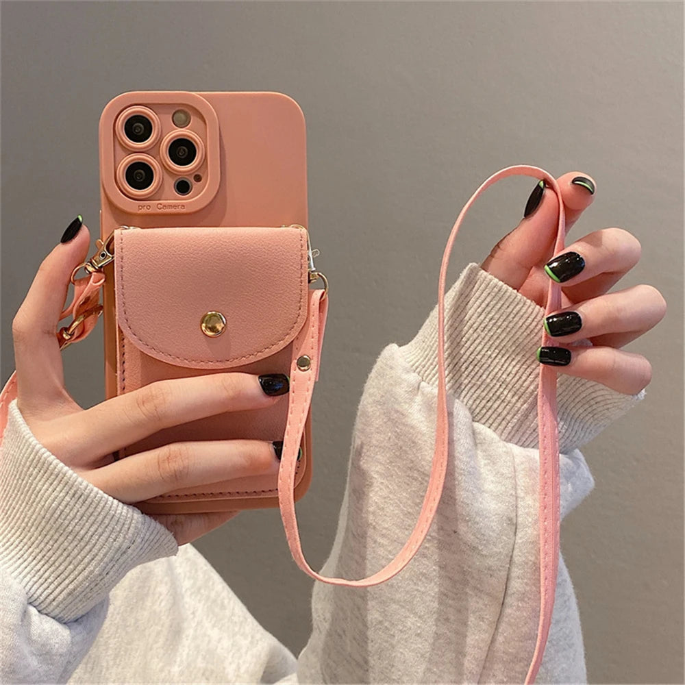 Wallet Leather Crossbody Neckband Lanyard Phone Case for iPhone 15 14 11 12 13 Pro Max X XS XR 7 8 Plus Luxury Card Holder Cover - Caseverse