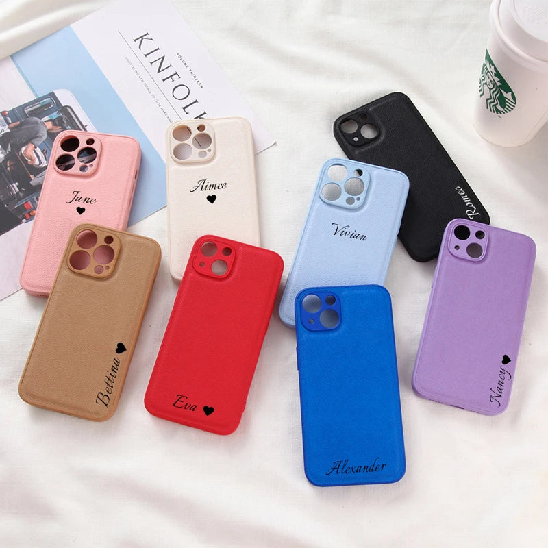 Personalized Customized Name Heart Phone Case for iPhone 16 15 14 13 Pro Max 12 11 X XS XR Design Leather Protective Back Cover - Caseverse