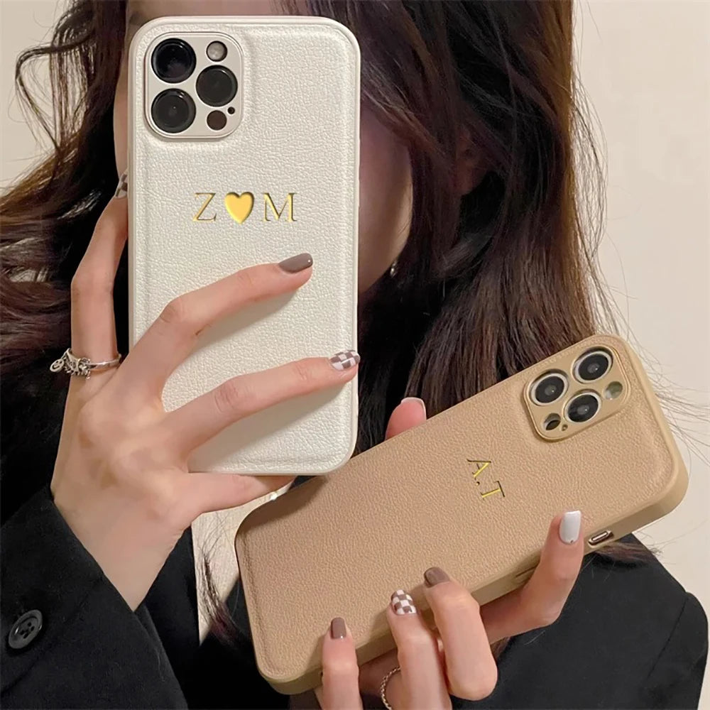 Customized Phone Case For iPhone 16 15 14 13 12 11 Pro Max Plus Personalized Name Initials Letters Luxury Leather DIY Cover 16 - Caseverse
