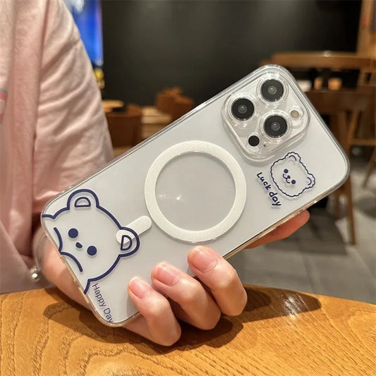 Simple Pen Bear Magsafe Magnetic Phone Case for Samsung Galaxy S24 S23 S22 S21 S20 FE Plus Ultra 5G Soft Clear Tpu Cover