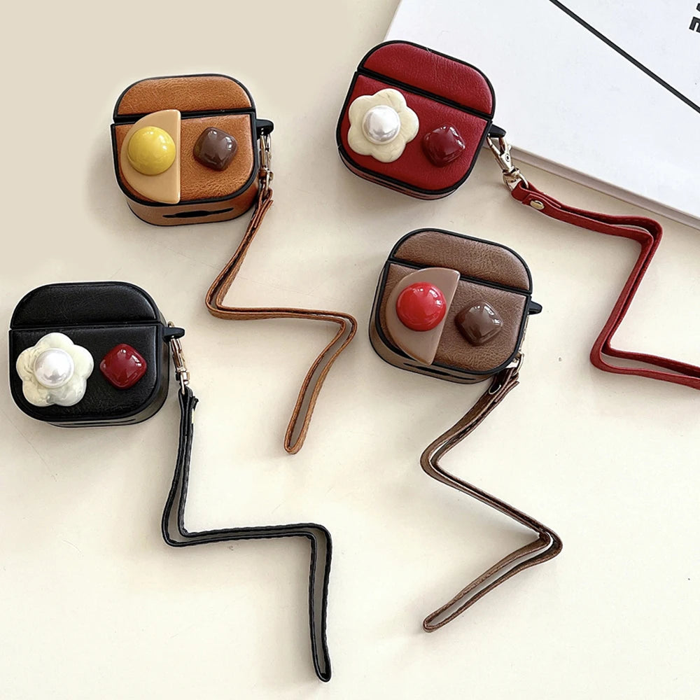 Retro PU Leather Flower Diamond Earpods Case for Apple Airpods 3 Pro2 Gemstone Wrist Strap Wireless Earphone Cover for Airpods 4
