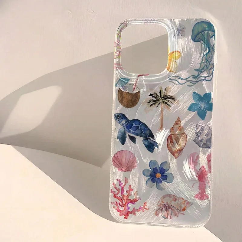 Ocean Elements Personalized Pattern Soft Phone Case For iPhone 16 Pro Max 16E 14 12 13 11 15 PRO Case X XR XS 7 8 Plus SE2 Cover - Caseverse