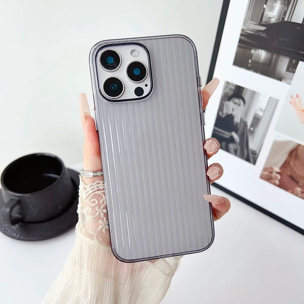 Metal Button Key Vertical Stripe Corrugated Clear Phone Case for IPhone 13 14 15 16 Pro Max Shockproof PC Protective Back Cover