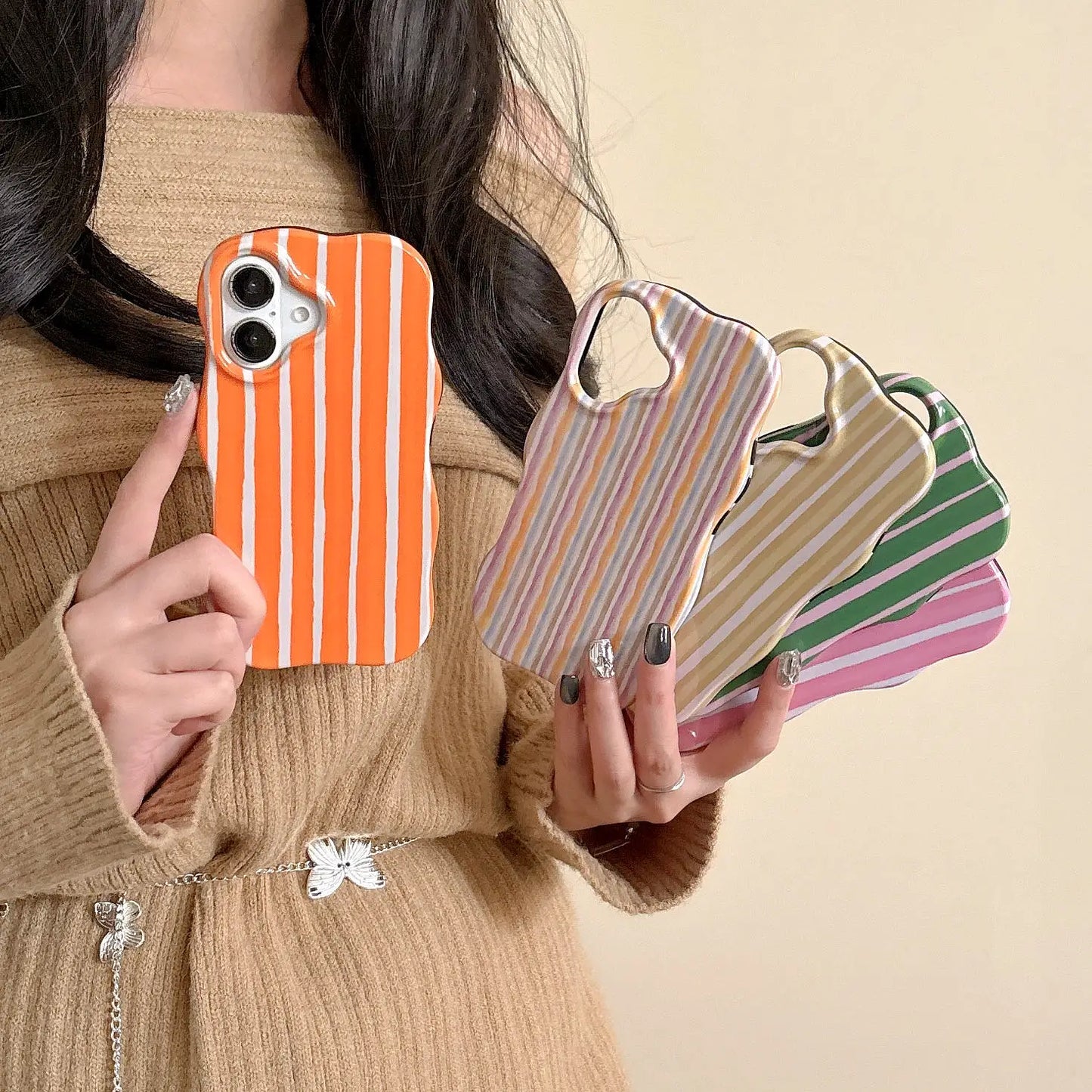 Fashion 2 in 1 Glossy Stripes Phone Case for iPhone 13 14 15 16 Pro Max Wave Edges Comfortable Touch Hard Slim Back Cover Shell