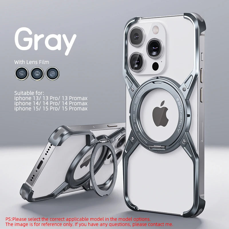 Metal Aluminium Alloy Magnetic Frameless Phone Case For iPhone 14 13 15 Pro Max 360° Stand Rimless Bumper Shockproof Metal Cover