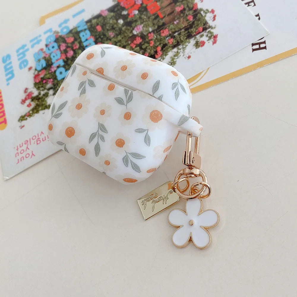 For Apple AirPods 4 ANC Flower Print Earphone Case For AirPods 2 3 Pro2 Silicone Soft Wireless Headphones Cover With Keychain