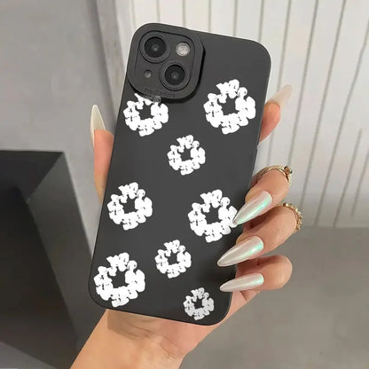 Case For iPhone 16 Cases iPhone 15 11 12 13 14 Pro Max X XS XR 7 8 16E 15 Plus Black Stylish Flower Patterned Design Phone Cover