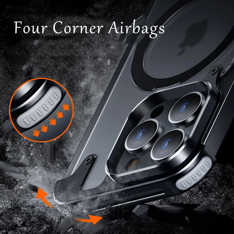 Aluminum Alloy Magnetic Stand Rimless Phone Case For iPhone 13 14 15 Pro Max 15Plus Metal Lens Shell  Frosted Matte Back Cover - Caseverse