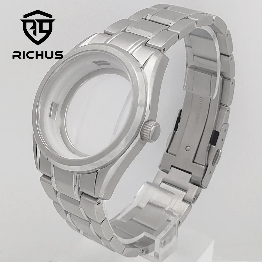 RICHUS NH35 Watch case 40mm silver watch case sapphire glass with strap Fit NH34 NH35 NH36 Movement
