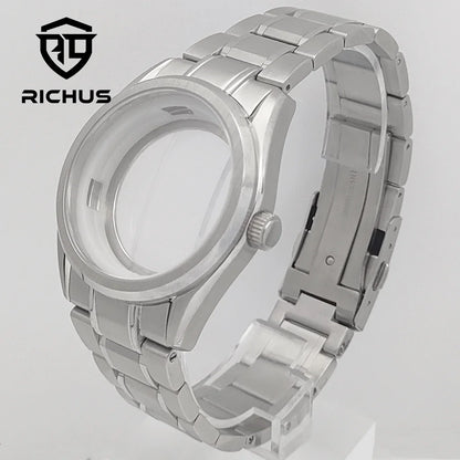 RICHUS NH35 Watch case 40mm silver watch case sapphire glass with strap Fit NH34 NH35 NH36 Movement