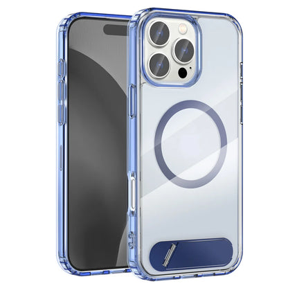 Luxury Metal Stand Clear Magnetic Phone Case For iPhone 16 13 14 15 Pro Max Folding Invisible Bracket Shockproof Protector Cover