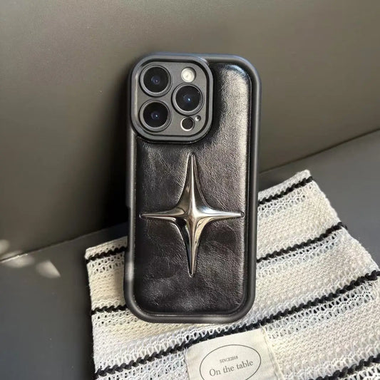 Luxury Metal Star PU Leather Phone Cover Case For iPhone 16 15 14 13 12 11 Pro Max Shockproof Protective Men Women Stylish Cases