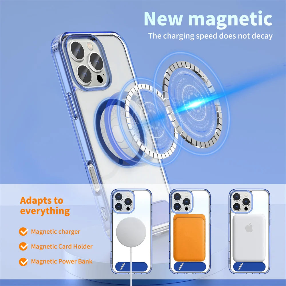 Luxury Metal Stand Clear Magnetic Phone Case For iPhone 16 13 14 15 Pro Max Folding Invisible Bracket Shockproof Protector Cover
