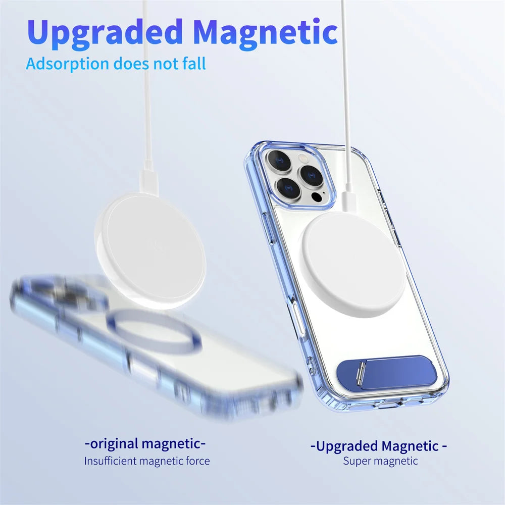 Luxury Metal Stand Clear Magnetic Phone Case For iPhone 16 13 14 15 Pro Max Folding Invisible Bracket Shockproof Protector Cover