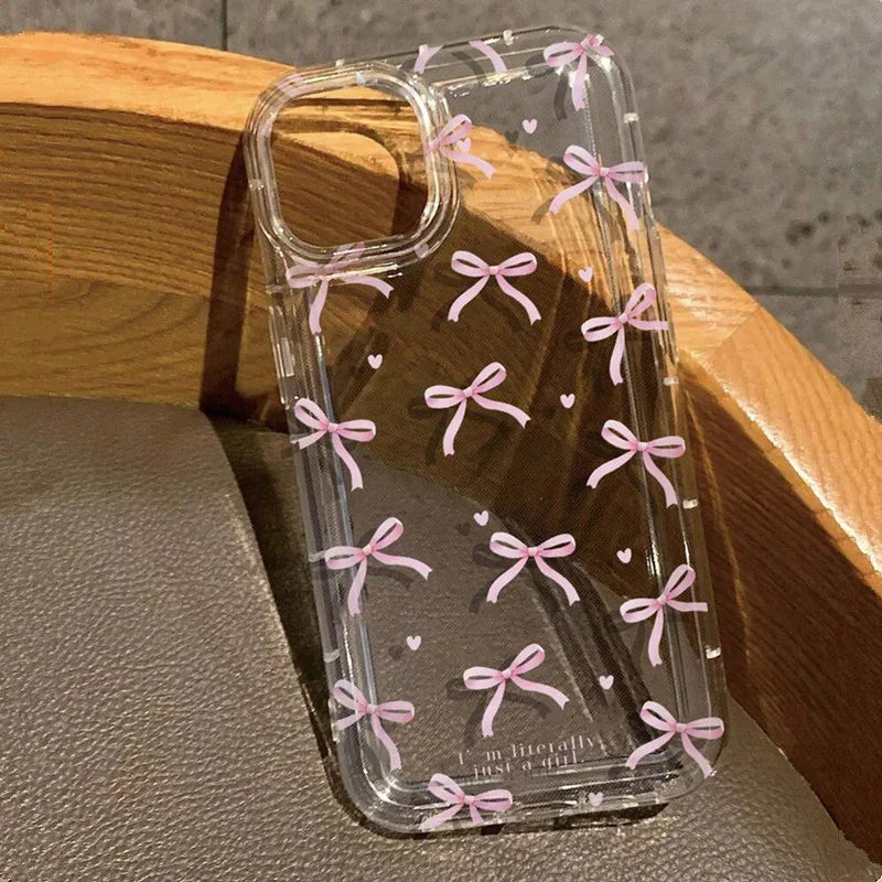 Cute Pink Heart Bow Case for IPhone 16 15 14 13 12 11 Pro Max 13 12Mini XS XR 7 8Plus SE 2022 Shockproof Soft Clear Cases Coque - Caseverse
