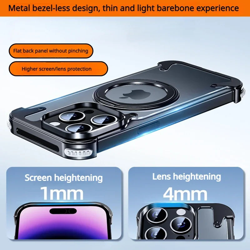 For iPhone 15 Pro Max Case Aluminum Alloy Metal Magnetic Magsafe 360° Rotate Stand Rimless car Phone holder matte leather Cover