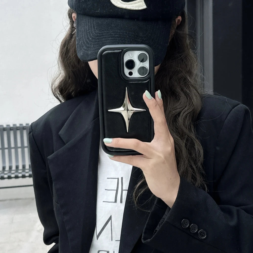 Luxury Metal Star PU Leather Phone Case For iPhone 15 14 13 12 Pro Max 15pro 14Pro Shockproof Cover Men Women Stylish Cases