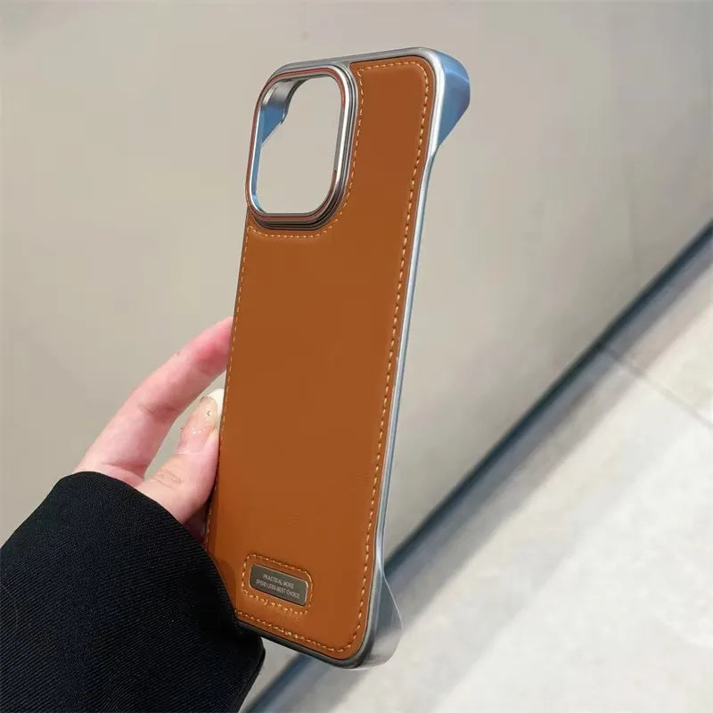 Phone Case Luxury Matte PU Leather Frameless For iPhone 16 15 14 13 12 Pro Max Plus Metal Lens Protection Shockproof Back Cover