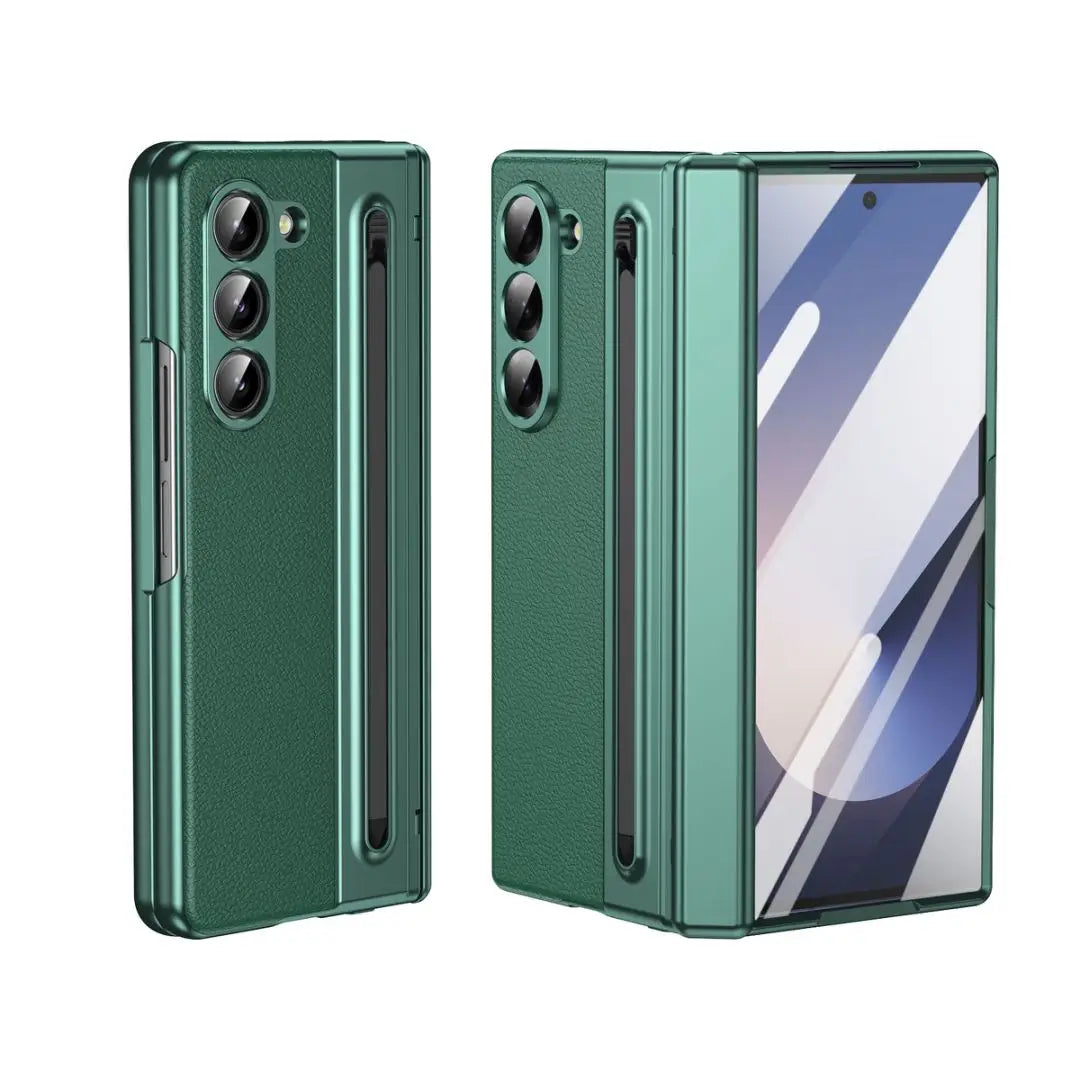 For Galaxy Fold6 S Pen Leather Phone Case Hinge Protection & Built-in Screen Protector Leather Phone Cover for Fold5 Fold4 Black - Caseverse
