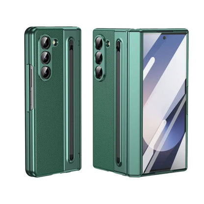 For Galaxy Fold6 S Pen Leather Phone Case Hinge Protection & Built-in Screen Protector Leather Phone Cover for Fold5 Fold4 Black - Caseverse