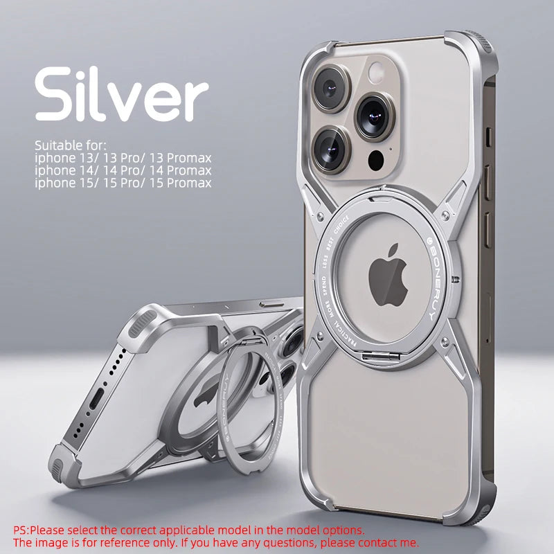 Metal Aluminium Alloy Magnetic Frameless Phone Case For iPhone 14 13 15 Pro Max 360° Stand Rimless Bumper Shockproof Metal Cover
