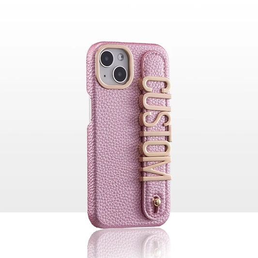 Leather Phone Case Custom Name Wristband Metal Gold Letters Personalized Cover for iPhone16 15 14 13 12 11ProMax 15 16plus