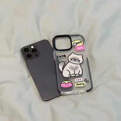 Fish Bone Lovely Little Cat Pattern Phone Case For iPhone 16 15 14 13 12 11 Pro Max XR XS 7 8 Plus Transparent Shockproof Cover - Caseverse