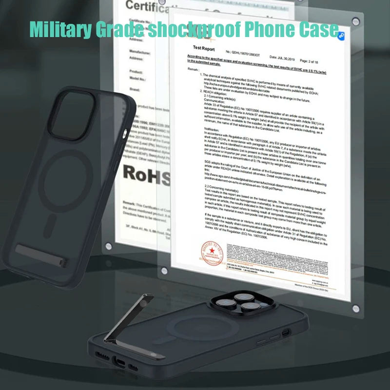 Magnetic Phone Case with Metal Stand for iPhone 16 15 14 13 12 Pro Max Plus Translucent Mobile Cases Military Grade Back Cover