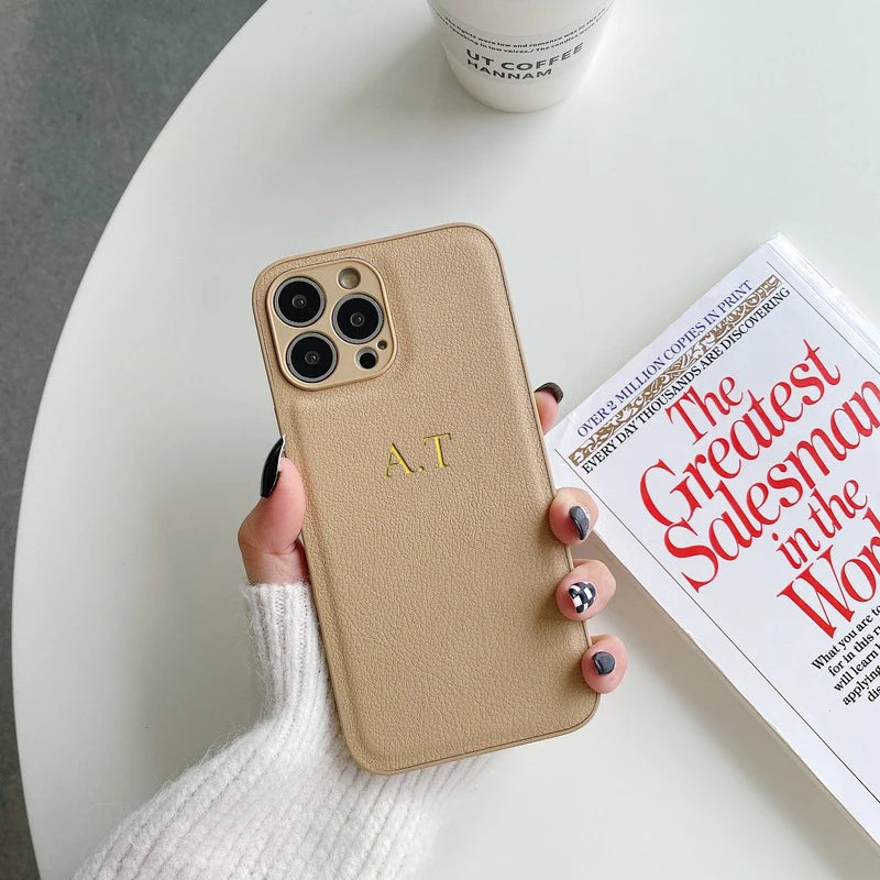 Customized Phone Case For iPhone 16 15 14 13 12 11 Pro Max Plus Personalized Name Initials Letters Luxury Leather DIY Cover 16 - Caseverse