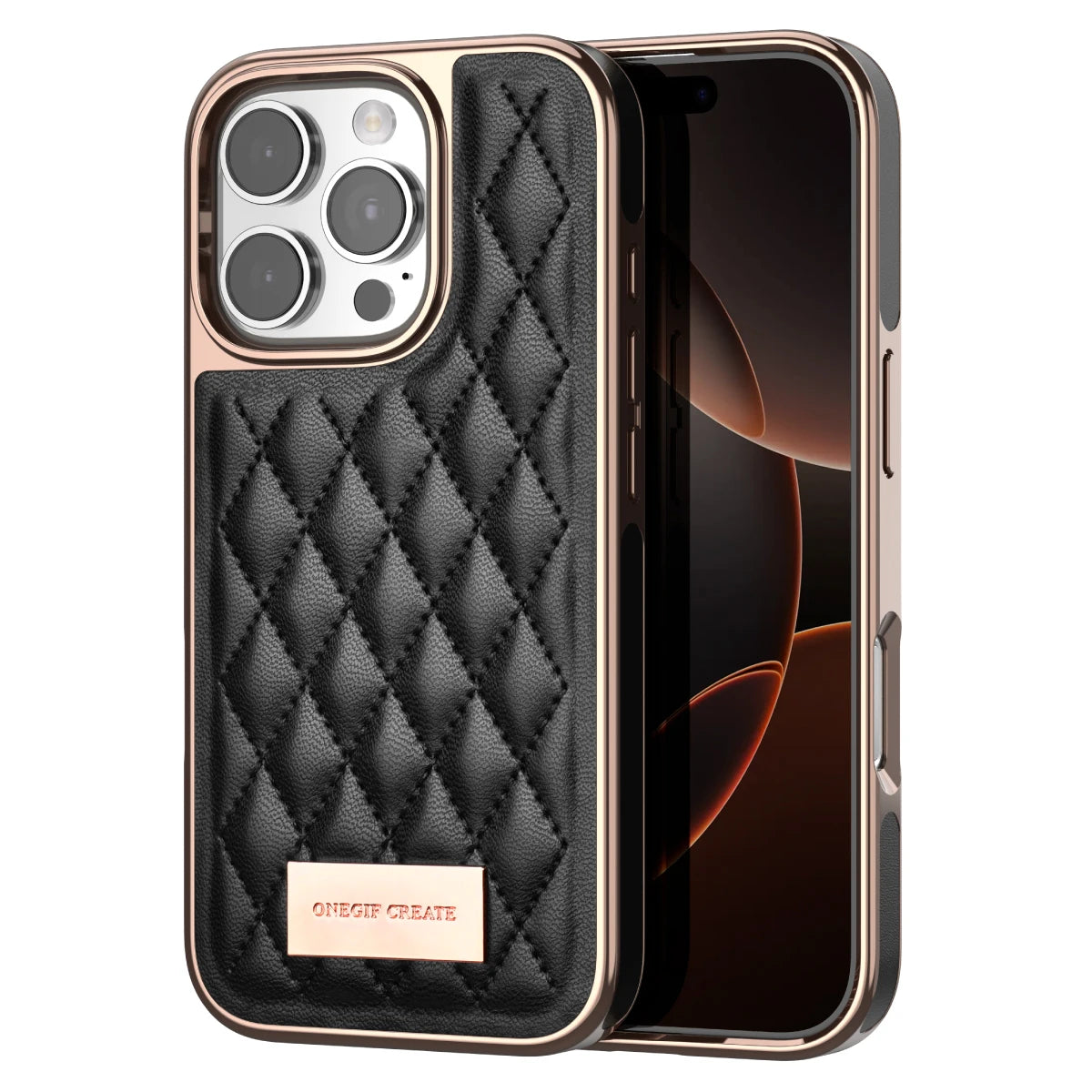 Women'S Faux Leather Phone Case with Argyle Embroidery - Elegant Metal Frame, Shock-Resistant Stylish Cover for Iphone 16 Pro Ma