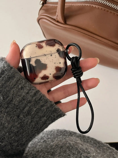 Transparent Black Brown Cow Pattern Splash Ink + Rope Suitable for Apple for Airpodspro2 Case/For Airpodspro Case/For Airpods4 Case/For Airpods3 Case/For Airpods2 Case Simple Earphone Case