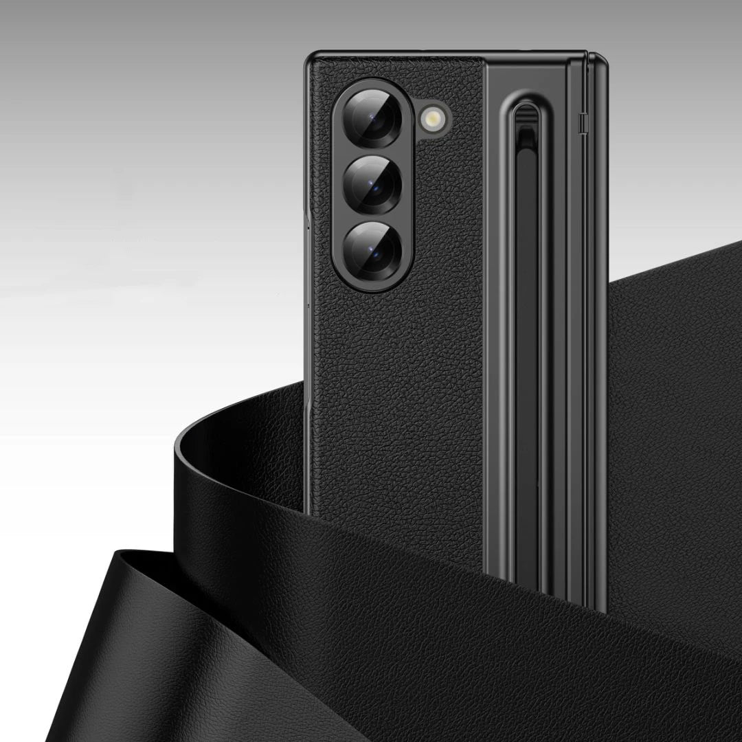 For Galaxy Fold6 S Pen Leather Phone Case Hinge Protection & Built-in Screen Protector Leather Phone Cover for Fold5 Fold4 Black - Caseverse