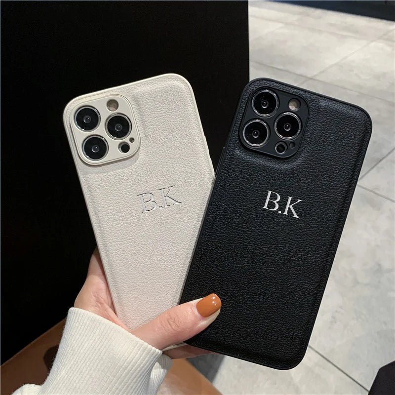 Personalized Case For iPhone 16 15 14 13 12 11 Pro Max Custom Name initials Leather Cover For iPhone 16 Pro Max Silver Letters - Caseverse