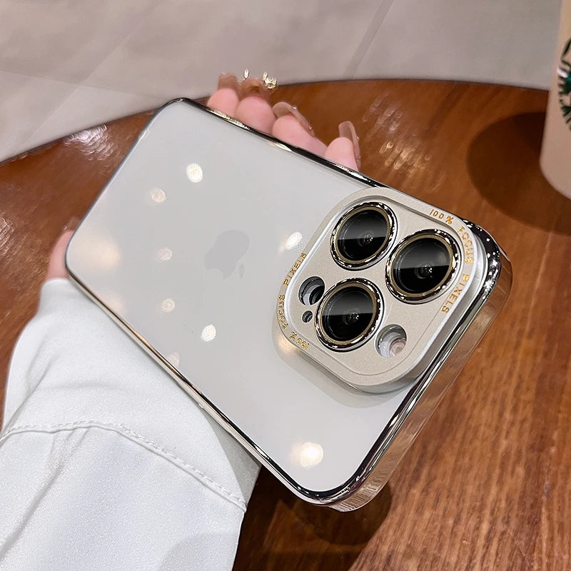 For iPhone 15 Pro Max Luxury Case Metal Camera Protection Transparent Armor Phone Cases for iPhone 12 13 14 Pro Max 14 Pro Plus