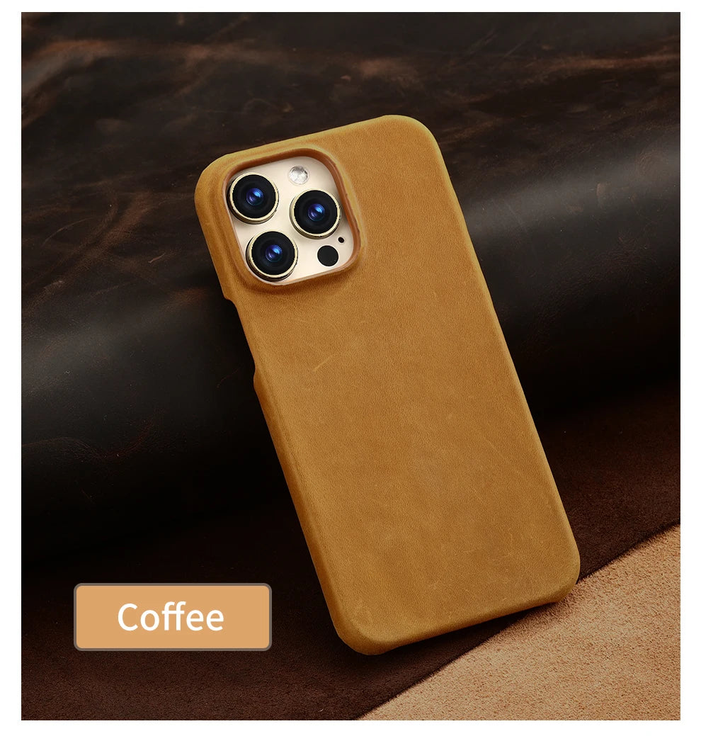 Retro Cowhide Phone Case for iPhone 16 15 13 14 Pro Max 16Pro 14Pro 15Pro Luxury Crazy Horse Genuine PULL-UP Leather Back Cover