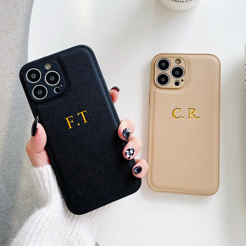 Customized Phone Case For iPhone 16 15 14 13 12 11 Pro Max Plus Personalized Name Initials Letters Luxury Leather DIY Cover 16 - Caseverse