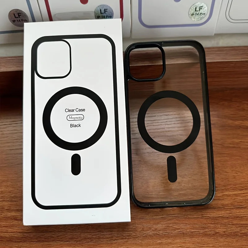 Clear Black Magnetic Phone Case for iPhone 15 14 Max Plus 13 12 Mini 11 Strong Magnet Mobile Cases with Box Shockproof Cover - Caseverse