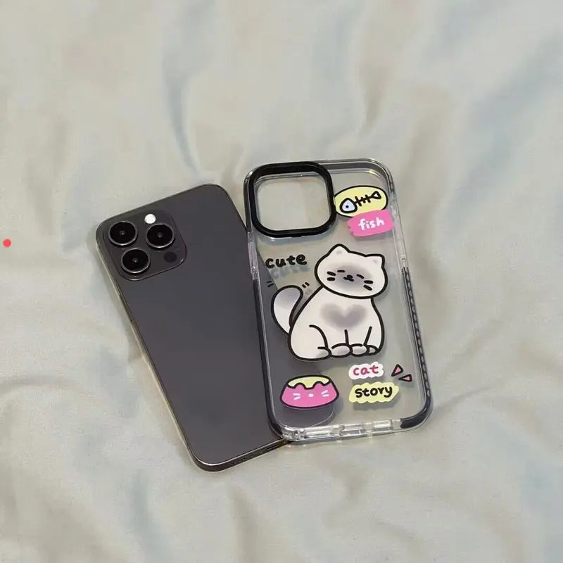 Fish Bone Lovely Little Cat Pattern Phone Case For iPhone 16 15 14 13 12 11 Pro Max XR XS 7 8 Plus Transparent Shockproof Cover - Caseverse