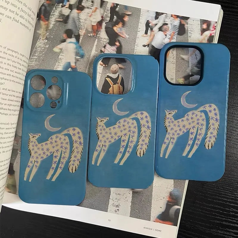 Ins Blue Starry Sky White Horse Cartoon Phone Case for IPhone 16 15 14 13 12 11 Pro Max X XS XR XSMax Glossy Film Hard PC Cover