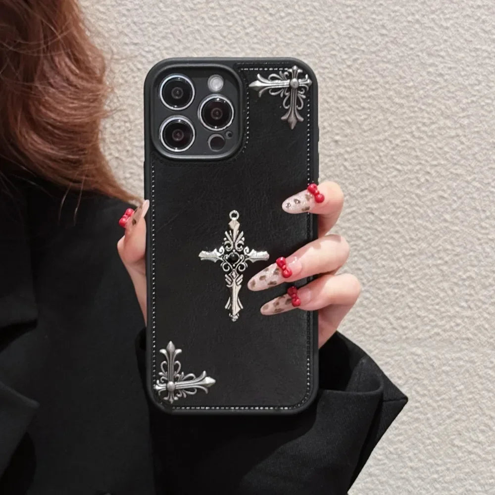 Leather Phone Case for IPhone 16 15 14 13 12 11 Pro Max Luxury Gothic High Grade Fashion Trends 3D Metal Cross Protection Cover