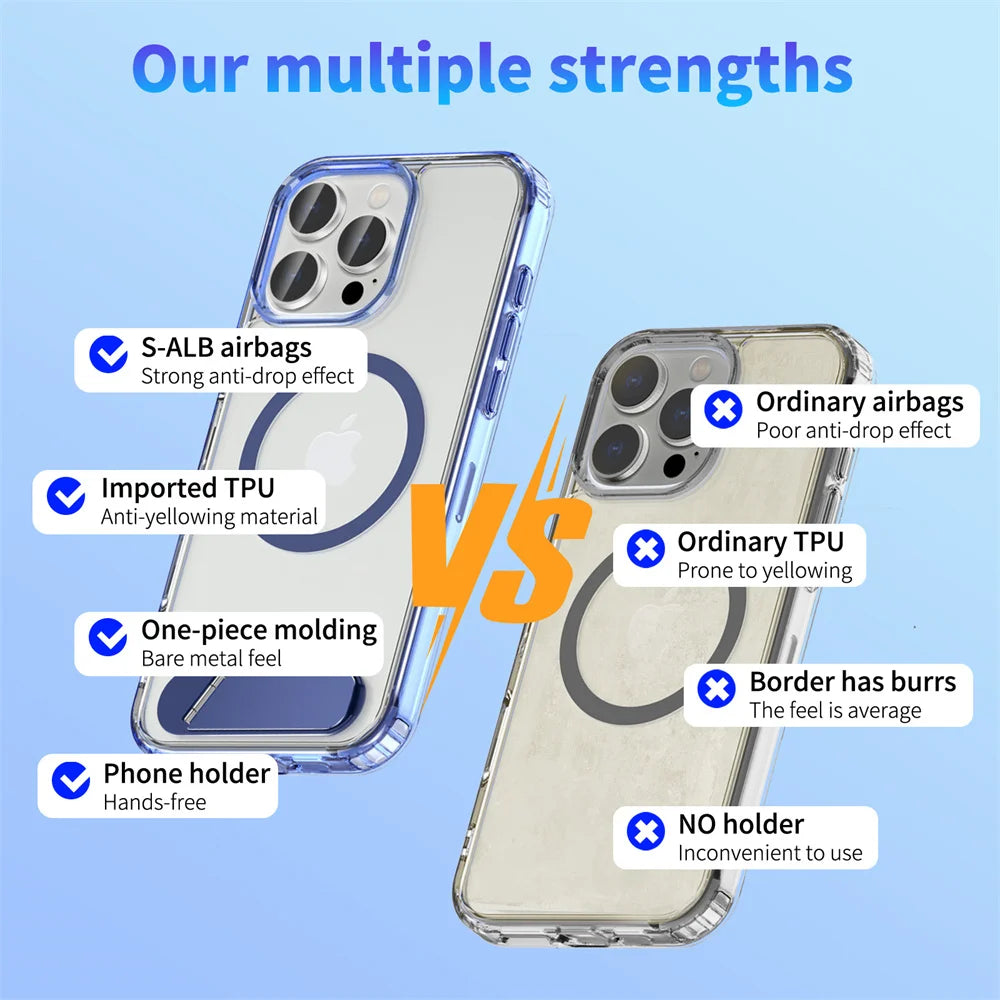 Luxury Metal Stand Clear Magnetic Phone Case For iPhone 16 13 14 15 Pro Max Folding Invisible Bracket Shockproof Protector Cover